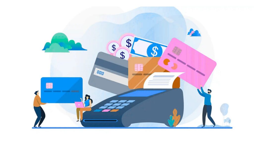 An illustration featuring a payment terminal surrounded by credit cards, cash, and users engaging with digital transactions.