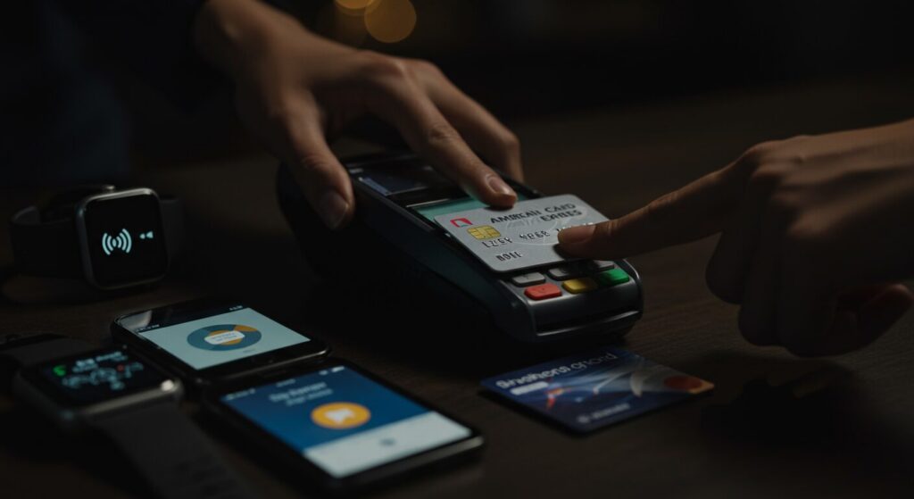 High-angle close-up of a person using a point-of-sale (POS) terminal to process a payment.  A person's hands are positioned over a dark-colored, modern POS terminal.  One hand holds a credit card close to the terminal's card reader. A finger on the other hand is touching a button or icon on the terminal's keyboard, likely to confirm the payment or select a payment method. Several smartphones and smartwatches are visible on a dark wooden table, suggesting a modern, potentially mobile payment environment. The light from the device screens and terminal illuminates the immediate area; the background is dark, drawing focus to the payment transaction.