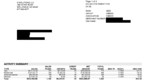 Billing statement for Q Solutions LLC showing monthly sales summary by payment type, total sales, and gross sales volume chart.